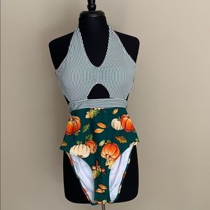 One piece floral and striped swimsuit